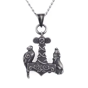 Vichingo In Acciaio Inox Mjolnir Martello di Thor Pendente Della Collana <span class=keywords><strong>con</strong></span> il <span class=keywords><strong>Lupo</strong></span> Raven Animale - Product Image 1