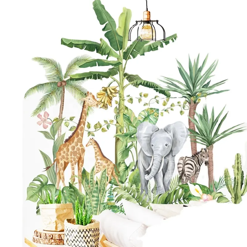 Adesivo de parede para berçário, decalques de parede para crianças e meninos, grande boho, girafa e leão africano, animais selvagens, árvore tropical, decoração de casa, dec.