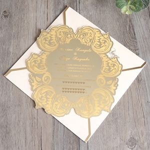 Nouvelles cartes <span class=keywords><strong>d</strong></span>'invitation en acrylique doré en forme de fleur avec motif floral gravé, carte de menu, carte <span class=keywords><strong>d</strong></span>'anniversaire avec enveloppe blanche - Product Image 2