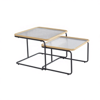 Table basse moderne du milieu du siècle avec plateau en verre et cadre en métal, utilisation domestique, meubles de salon, décoration en rotin