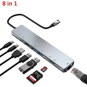 Ultiport Adaptador Dongle Compatível para MacBook/8 em 1 Hub Tipo C com 3 Monitores, HDMI Duplo, VGA, PD, Ethernet, SD/TF