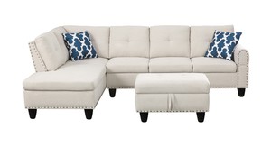 98" Wide Three Seat Left Hand Facing Modern Sectional <b>Sofa</b> Chaise <b>Storage</b> Ottoman Linen Upholstery Nailhead Trim Foam Apartment - Product Image 6