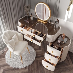 Table de maquillage de luxe <span class=keywords><strong>en</strong></span> dalle de roche grise pour chambre à coucher, avec miroir rond éclairé par LED et grand tiroir de rangement, ensemble coiffeuse - Product Image 3