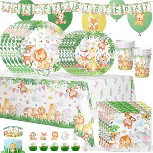 Fournitures de fête à thème animal forestier anniversaire dessin animé plateau en papier serviette en papier gâteau carte vaisselle ensemble