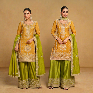 Damen Premium Echt-Chinon 3-Teiliges Palazzo-Anzug-Set mit Stickerei & Handarbeit |   Designer-Ethno-Kleidung - Product Image 1