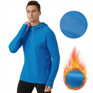 Sweat-shirt à capuche bleu pour homme, col zippé, avec empiècements en maille respirante sous les aisselles, coupe ajustée, tricoté, manches longues, style sportif - Product Image 2