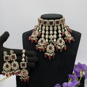 Traditional Imitation Antique Gold Style Kundan Choker Necklace <b>Set</b> with Emerald Cut Gemstones Earrings Tikka for Women Wedding - Product Image 5