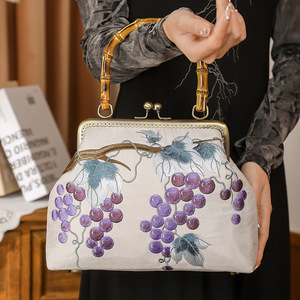 Ancient Style Hanfu Chinese Style <strong>Small</strong> Square Bag <strong>White</strong> Grape Embroidered Banquet Clutch Bamboo Handle Clip Stylish <strong>Handbag</strong> for - Product Image 1