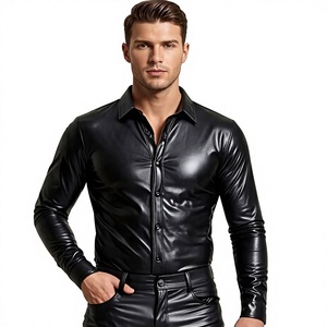 Men's Black Leather Look Long <b>Sleeve</b> <b>Dress</b> <b>Shirt</b> Turn Down Collar Solid Color Formal Winter Wear - Product Image 1