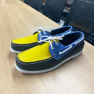 WCY, schmutz abweisende Natur leder Freizeit Mokassin Schuhe blau und gelb Schnürung Herren Damen Leder Erbsen Schuhe HSW063