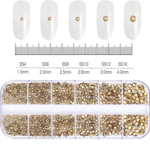Strass en cristal de verre champagne pour nail art, 1,5 mm-5 mm, 12 compartiments, dos plat, SS4-SS16, assortiment de strass non thermocollants pour décoration d'ongles - Product Image 2