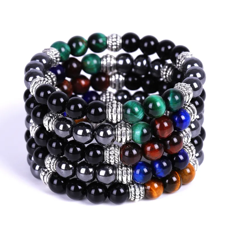 Fabriek Groothandel Natuursteen Yoga Armband Ronde Hematiet Zwarte Onyx Met Kleurrijke Tijgeroog Boeddha Hoofd Voor Bruiloft Sieraden