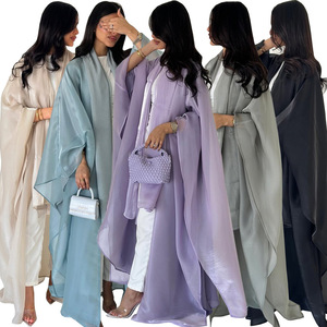 2025 düz renk organze Turkiye Dubai açık Abaya başörtüsü 2-piece Set toptan parlak müslüman Kimono hırka başörtüsü ile - Product Image 2