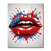 Tableau mural carré sur toile, nature morte abstraite, drapeau américain, lèvres, peinture pop art, éclaboussures d'encre rouge et bleue, impression de bouche patriotique, numérique