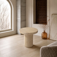 Table basse moderne en travertin naturel avec piétement cylindrique à bord poli, personnalisable pour les hôtels et les salons