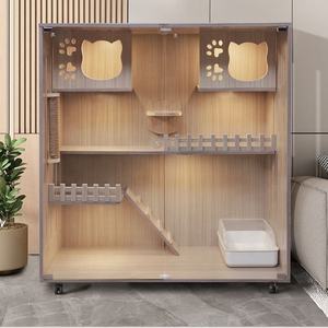 Modernes Luxus Katzenhaus Groß Glas Holz Haustiermöbel mit Riemenverschluss Villa Katzenvilla Heimkatzenhaus - Product Image 1