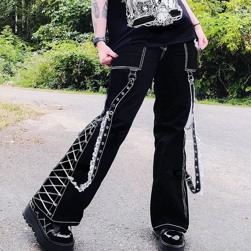 pantalones vaqueros rasgados tallas grandes Pantalones ajustados góticos para mujer con símbolo de cruz roja Blackmasksu Punk 