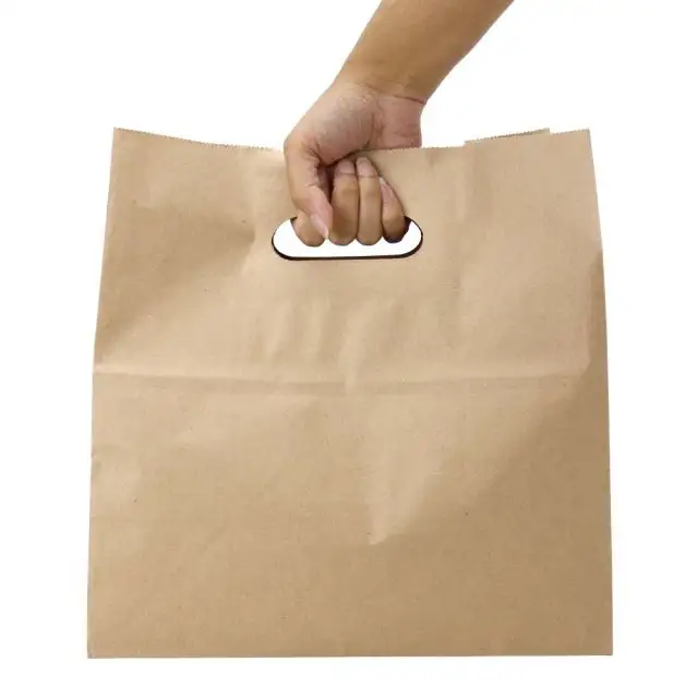 Custom design flat die cut handle restaurant delivery take out packaging carry brown kraft takeaway food paper bag