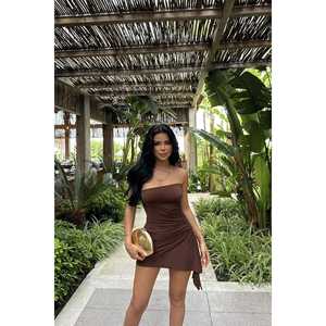 Brown <b>Vintage</b> Strapless Mini <b>Dress</b> Sexy <b>Summer</b> Clothes Lace XS XL Jean Spandex Embroidered Technique Lightweight Lining - Product Image 2