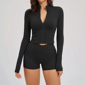 Custom Sustainable Recyclable Zip up Crop <b>Yoga</b> <b>Jackets</b> Moisture-Wicking Cross Waist Gym Fitness Shorts <b>Yoga</b> Set - Product Image 2