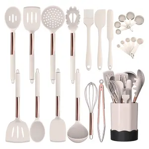 Conjunto de utensílios de cozinha de silicone, conjunto de silicone inoxidável chinês para cozinha, utensílios de cozinha, rosa, dourado