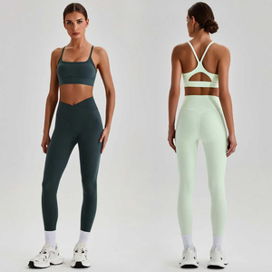 Conjunto de leggings de yoga con cintura cruzada en V y sujetador deportivo para mujer, ropa deportiva para gimnasio, levantamiento de glúteos, correr, fitness - Product Image 5