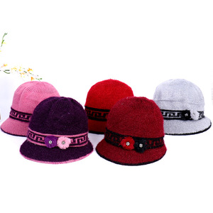 Women's Knitted Bowl <b>Hat</b> With Floral Decor Winter <b>Warm</b> Casual <b>Hat</b> For Elderly Women - Product Image 1