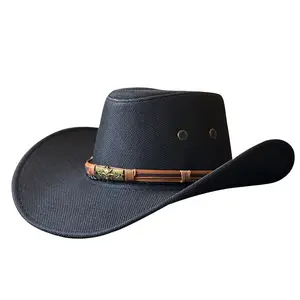 Unisex Western Cowboy Hat couro exterior aba larga Cowboy Hat com cinta Rolled up Style para mulheres Homens Cowgirl Cowboy Theme