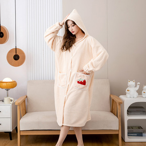 Peignoir en polaire pour femme avec poche fraise, manches longues, à capuche, blanc beige, doux, absorbant, pour la maison, automne hiver, confortable - Product Image 3