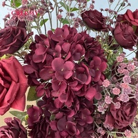 Centre de table en fleurs de soie bordeaux personnalisé en usine, rose, hortensia, gypsophile pour la décoration de table de mariage, de Noël et de banquet