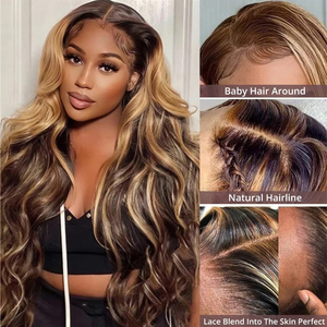 Perruque Highlight en Cheveux Humains Ondulés Marron avec Mèches Blond Miel, Perruques Frontales en Dentelle Sans Colle pour Femmes Noires, Prêtes à Porter - Product Image 4