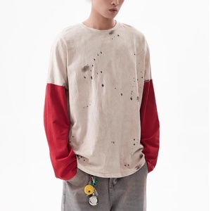 T-shirt Homme Manches Longues Style Urbain Effet Vieilli Patchwork Coton Haute Qualité Service OEM Logo Personnalisé Vente en Gros - Product Image 1