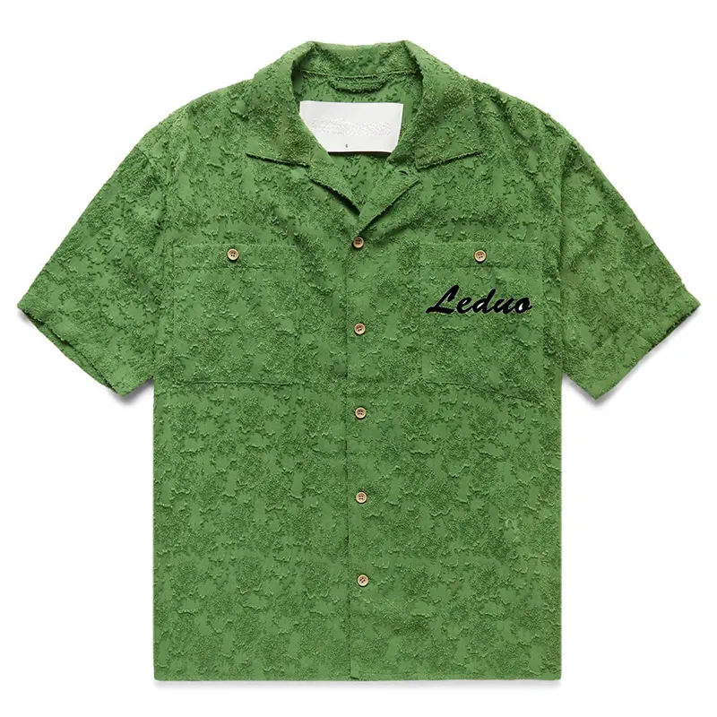 Ropa de encaje texturizado para hombre, camisa de gasa con botones en la parte delantera, color verde, venta al por mayor