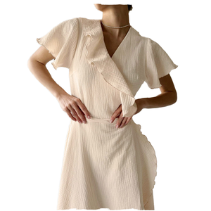 Camisón de Manga Corta con Cuello en V para Mujer, Elegante, de Tela Waffle, Largo hasta la Rodilla - Product Image 1
