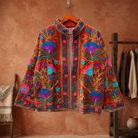Blouson Bomber Unisexe Artisanal en Velours Orange et Coton Respirant, Broderie Suzani, Ouvert sur le Devant, Hiver Automne, Broderie Florale au Fil