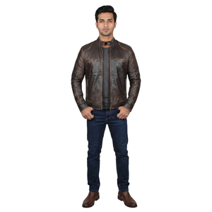Veste en cuir enduit pour homme, coupe confortable, col montant, à capuche, respirante, grandes tailles, prix de gros abordable - Product Image 1