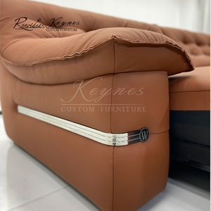 Canapé inclinable 3 places en cuir véritable Keynes, dossier capitonné, accoudoirs rembourrés, structure en bois massif, inclinaison manuelle, mobilier de salon - Product Image 2