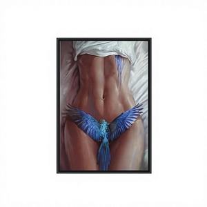 Panel de arte decorativo impreso con elegancia, arte en lienzo de mujer desnuda con pájaro azul, decoración de pared colgante con marco transparente, 1 pieza - Product Image 1