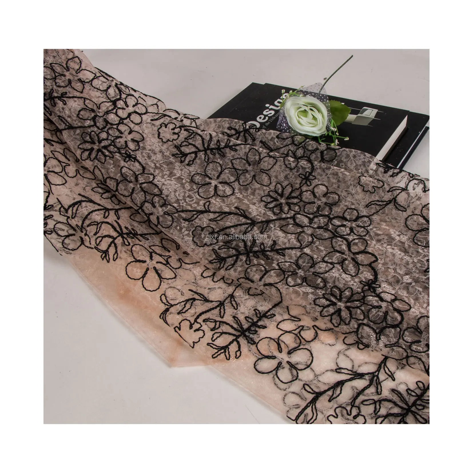 Luxury Custom Design Thick Thread Embroidery 3d Tulle Lace 100% Polyester Fabrics For Bridal Dress