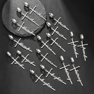 Boucles d'oreilles à clip en forme de croix en acier inoxydable avec lettres anglaises pour oreilles non percées, bijoux à la mode - Product Image 1