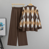 Ensemble de chandail en tricot pour femmes avec motif Argyle, coupe ample, pantalon à jambes larges, tenue en deux pièces, mode automne-hiver