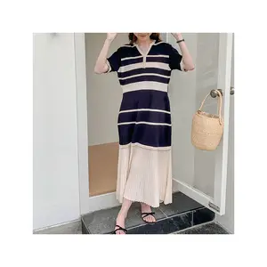 Korean style 2024 spring summer ice silk stitching knitted dress niche retro MIDI skirt lazy casual loose chic straight skirt