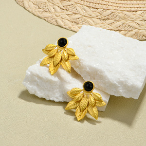 Leaf <b>Stud</b> <b>Earrings</b> Gold <b>Black</b> Gemstone Zinc Alloy Bezel Setting Plant Design Fashion Jewelry - Product Image 2