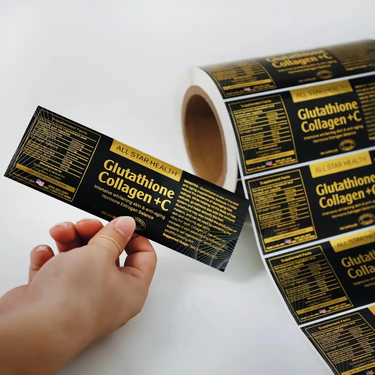 Etichette personalizzate impermeabili di prodotti nutrizionali di lusso etichette adesive stampate su rotolo di integratori alimentari farmaceutici
