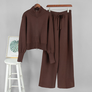 2026 Herbst Y2K Gestrickter Einfarbiger Atmungsaktiver Vintage Trainingsanzug 2-Teiliges Set Langarm-Reißverschluss-Oberteil mit Kordelzughose <span class=keywords><strong>Outfits</strong></span> - Product Image 5