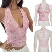 Haut court slim en polyester brodé 3D à col en V pour femme, respirant et anti-boulochage, idéal pour les tenues décontractées, les soirées, les rendez-vous, les vacances et le style urbain.