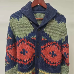 Cárdigan de Punto Informal con Cuello Chal de Inspiración Vintage, Patrón Geométrico Multicolor, Cierre con Botones, Antiarrugas - Product Image 1