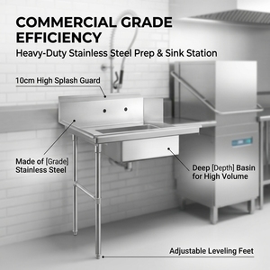 Table de travail de cuisine professionnelle en acier inoxydable avec évier simple, évier lave-vaisselle intégré, crédence et pieds robustes - Product Image 1