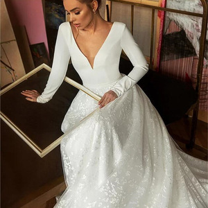 Wedding Dress Long Sleeve Deep V-neck Backless Ball Gown White Plus Size European Style J061 - Product Image 4