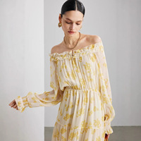 Robe longue élégante en soie de mûrier pour femme, imprimé vintage, col bateau, manches longues, taille ample, coupe trapèze, été 2026